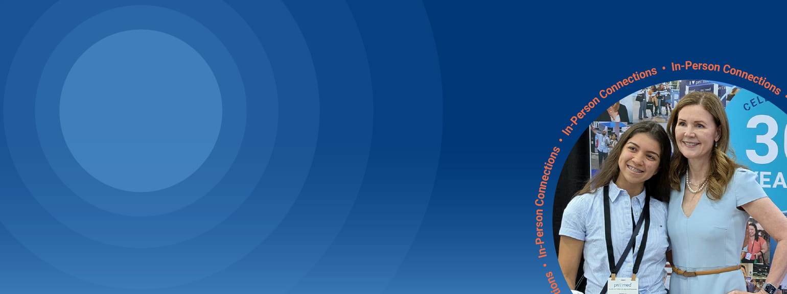 Blue concentric circles with a circular image of a speaker and an attendee with the words In Person Connections circling on the perimeter of the image.