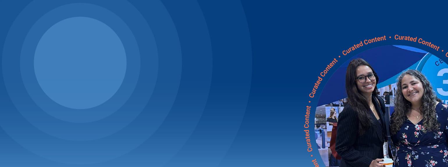 Blue concentric circles with a circular image of a speaker and attendee posing. The words curated content are circling around the outside of the circle.