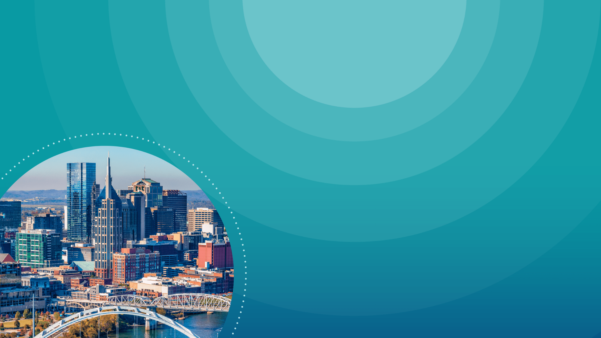Teal concentric circle design with Nashville city image in a round frame with dots around the image.