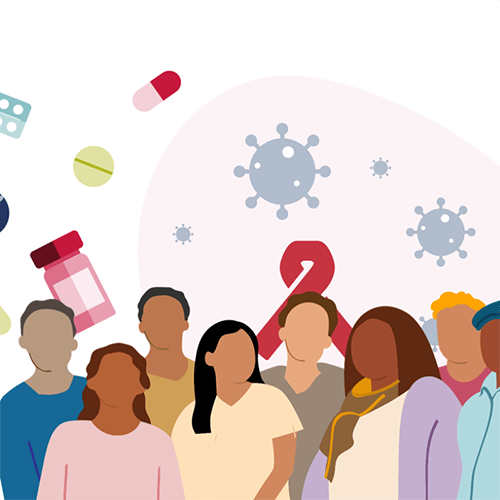 Illustration of people with viruses and pills in the background